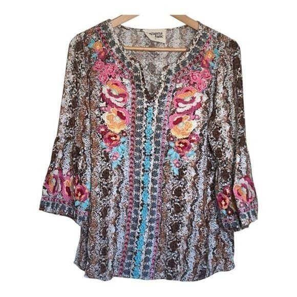 Savanna Jane Womens Embroidered Boho Tunic Top Size S Brown Floral Snake Print - Picture 1 of 8